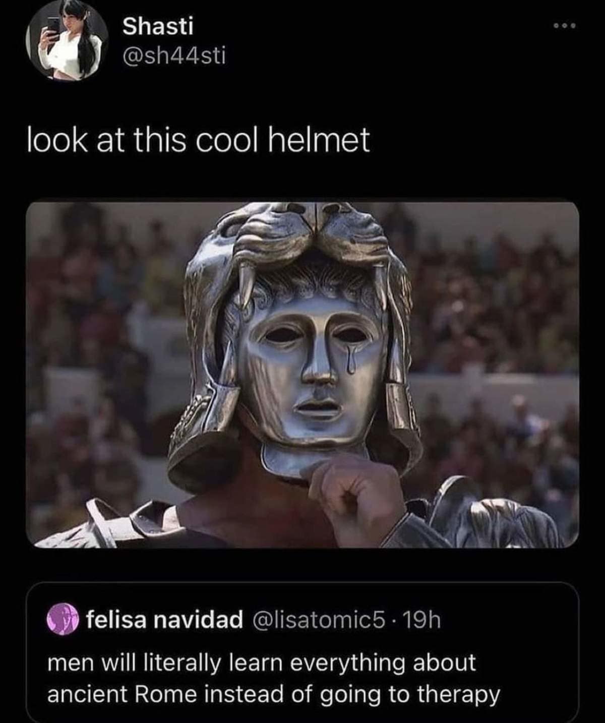 A sharp classic meme featuring a beautiful Roman gladiator helmet with a mask. The caption delivers the knockout blow: "men will literally learn everything about ancient Rome instead of going to therapy."