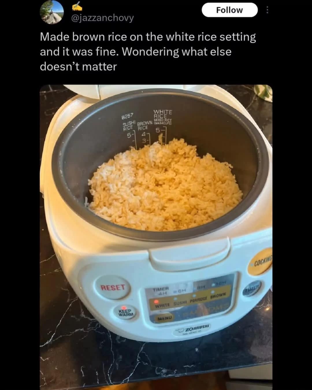 rebellious classic meme showing the inside of a Zojirushi rice cooker filled with cooked brown rice. The "White Rice" indicator light is on. The caption reads: "Made brown rice on the white rice setting and it was fine. Wondering what else doesn't matter."