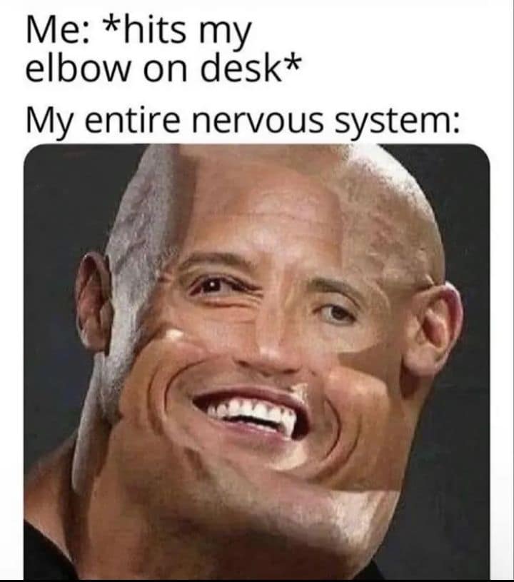 A severely distorted and smashed picture of Dwayne The Rock Johnson perfectly representing an old meme about the agonizing nervous system shock of accidentally hitting your elbow on a desk.