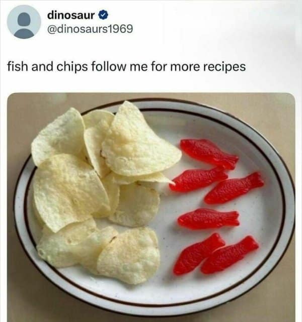 A funny old meme showing a culinary masterpiece consisting of plain potato chips and red Swedish Fish candy served on a plate to literally represent fish and chips.