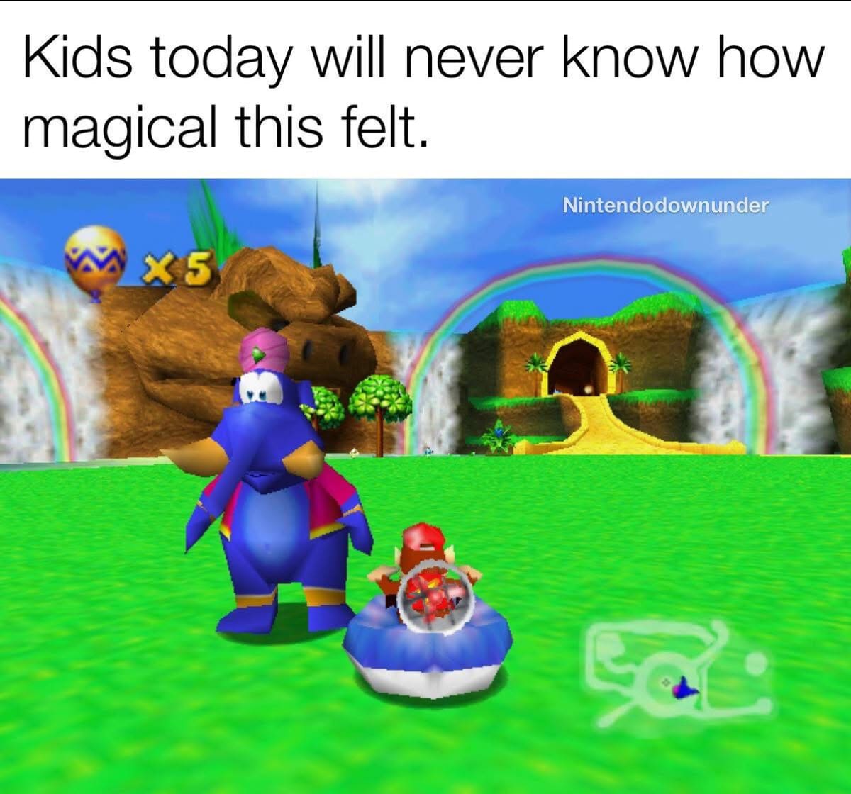 A nostalgic classic meme showing a screenshot from Diddy Kong Racing on the N64 with Taj the elephant genie, capturing the feeling that kids today will never know how magical early 3D gaming felt, easily one of the best memes for retro gamers.