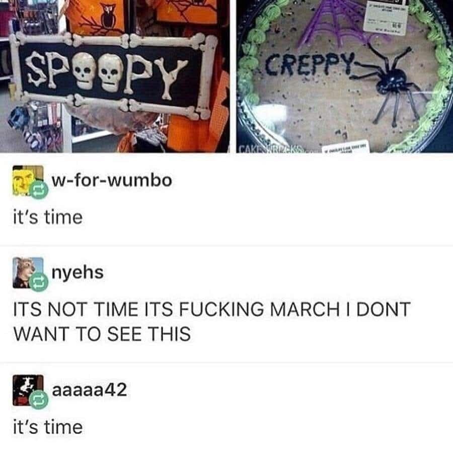 A seasonal best memes Tumblr thread featuring the legendary "SPOOPY" and "CREPPY" Halloween misspellings, with users arguing that "it’s time" for spooky season even though it’s only March.