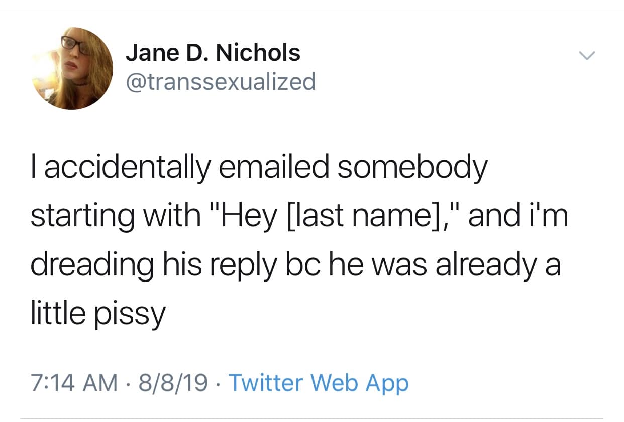 stressful workplace classic meme tweet describing the social horror of accidentally emailing a colleague "Hey [last name]," because you forgot to fill in the actual name in the template.