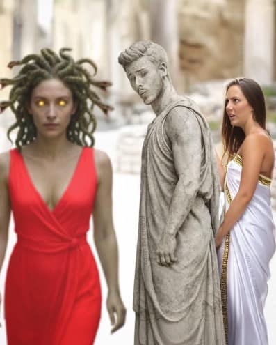 Greek mythology twist on a classic meme format, recreating the "Distracted Boyfriend" photo with a stone-statue man looking back at a red-dressed Medusa while his toga-clad partner looks on in horror.