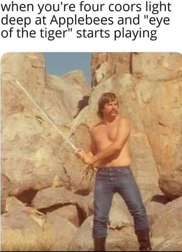 shirtless, mustachioed man wields a sword in the desert to illustrate the sudden surge of warrior energy that comes with being four beers deep at Applebee's in this old meme.