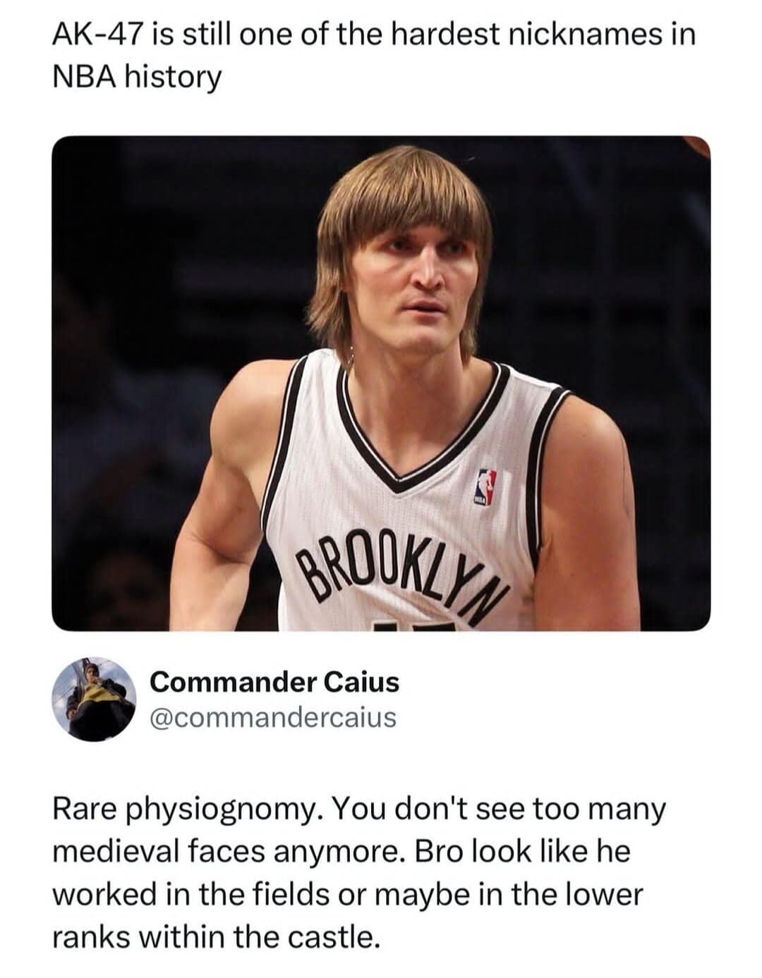 An NBA player with a distinct bowl cut is roasted in this classic meme for having a "medieval face" that looks like he should be working in the fields of a 14th-century castle.