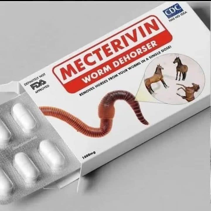 classic meme parodying medical packaging with "MECTERIVIN WORM DEHORSER." In a hilarious reversal of real-world trends, the box claims to remove tiny horses from your pet worms, featuring a magnifying glass view of miniature stallions falling off an earthworm.