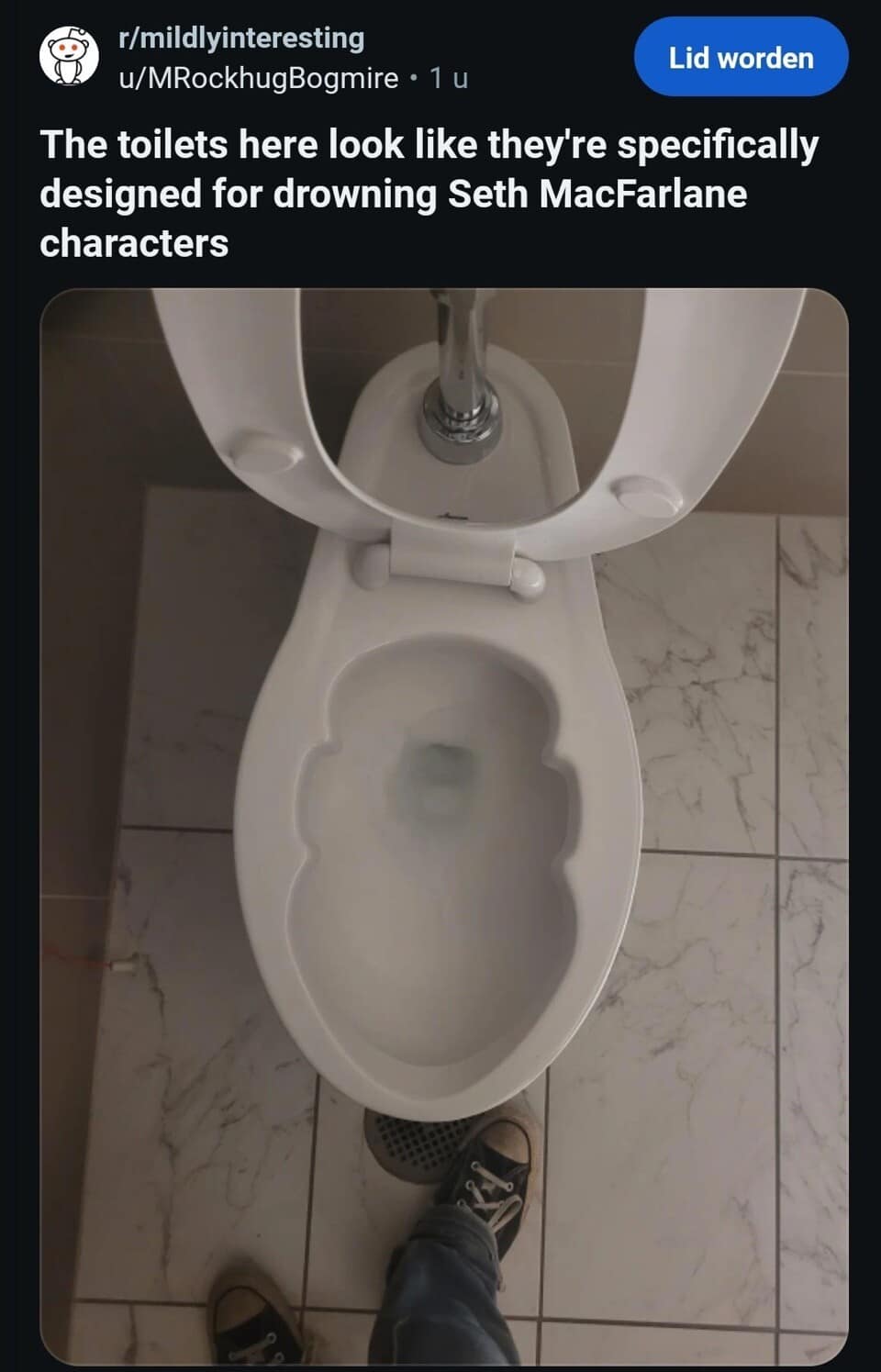 A "mildly interesting" classic meme from Reddit showing a top-down view of a uniquely shaped toilet bowl that uncannily mirrors the head silhouettes of Family Guy characters. The caption claims they are "specifically designed for drowning Seth MacFarlane characters."
