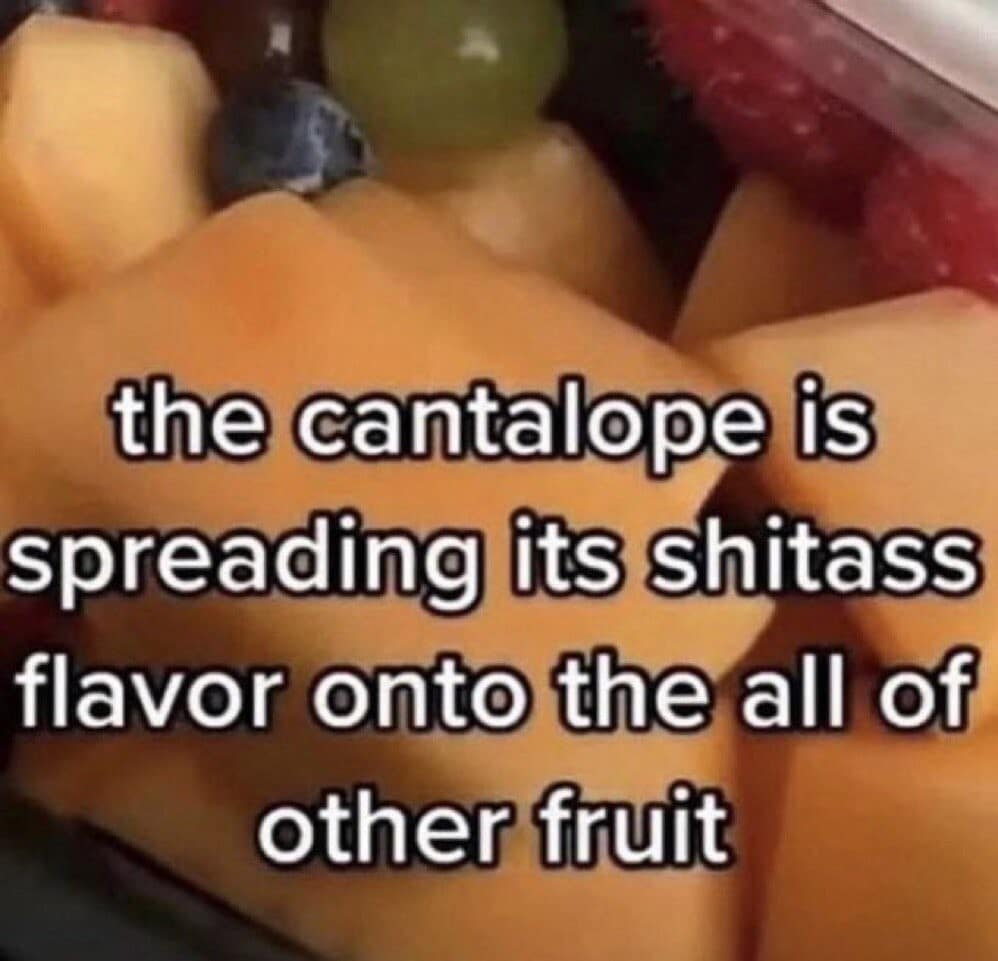 aggressive classic meme targeting fruit salad. The text over a pile of orange fruit declares, "the cantalope is spreading its shitass flavor onto the all of other fruit," voicing a common culinary complaint.