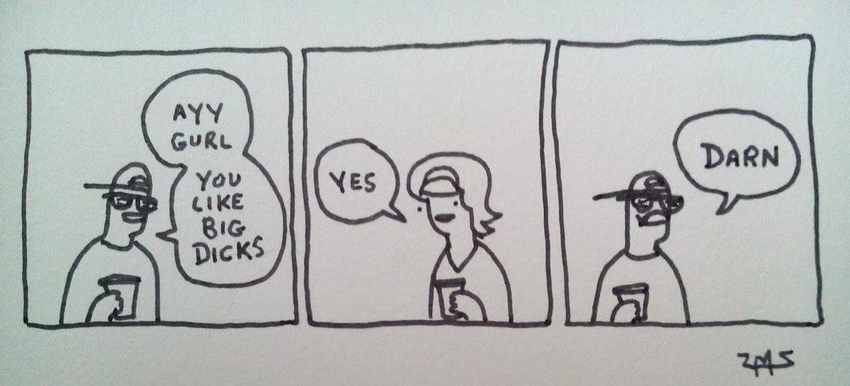 three-panel comic-strip classic meme by "tms." A man tries to "flex" by asking a girl if she likes a certain physical attribute; she enthusiastically says "YES," leading to his crushed realization and the single-word punchline: "DARN."