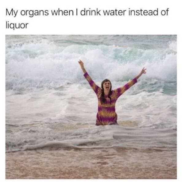 relatable health classic meme featuring a woman standing in crashing ocean waves with her arms spread wide in pure ecstasy. The caption reads, "My organs when I drink water instead of liquor."