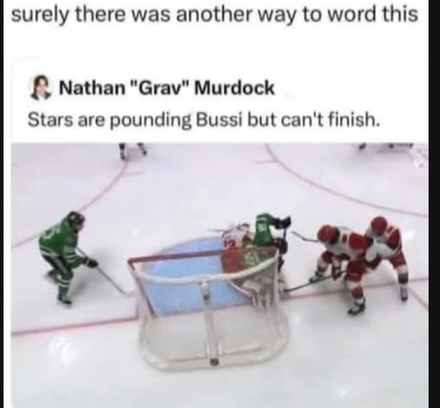 An unfortunate sports journalism classic meme featuring a hockey broadcast. The headline reads, "Stars are pounding Bussi but can't finish," highlighting the accidental and hilarious double entendre caused by the goalie's last name.