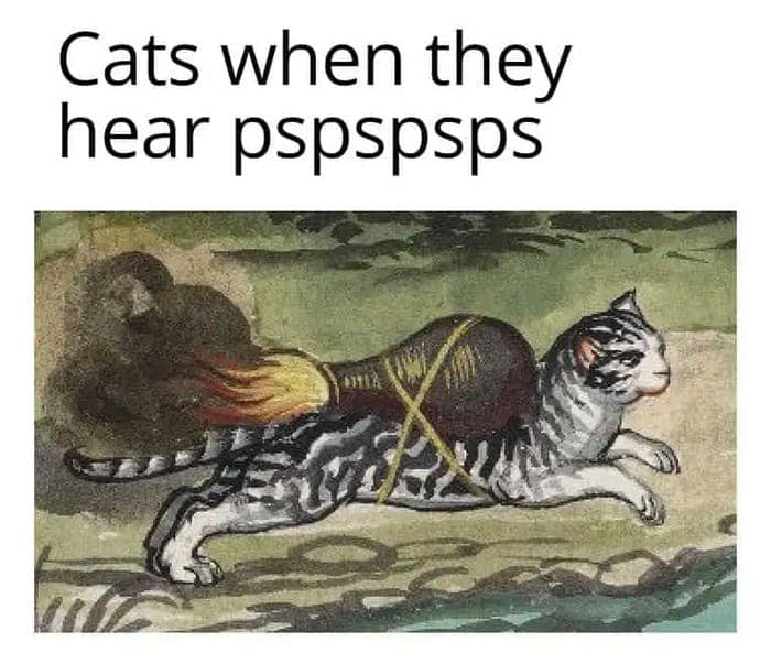 high-velocity medieval cat meme featuring a manuscript illustration of a tabby cat running with a clay pot strapped to its back that is actively spewing fire like a jet engine. The text above explains this is "Cats when they hear pspspsps."