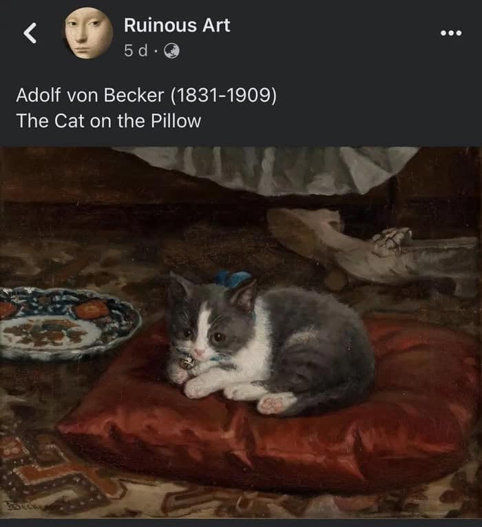 A multi-panel classical art meme collage featuring four different painted cats with extremely bizarre, human-like, and disgusted facial expressions. The text relates them to modern social anxiety: "People’s faces when you’re in line at the grocery store and you cough a little bit."