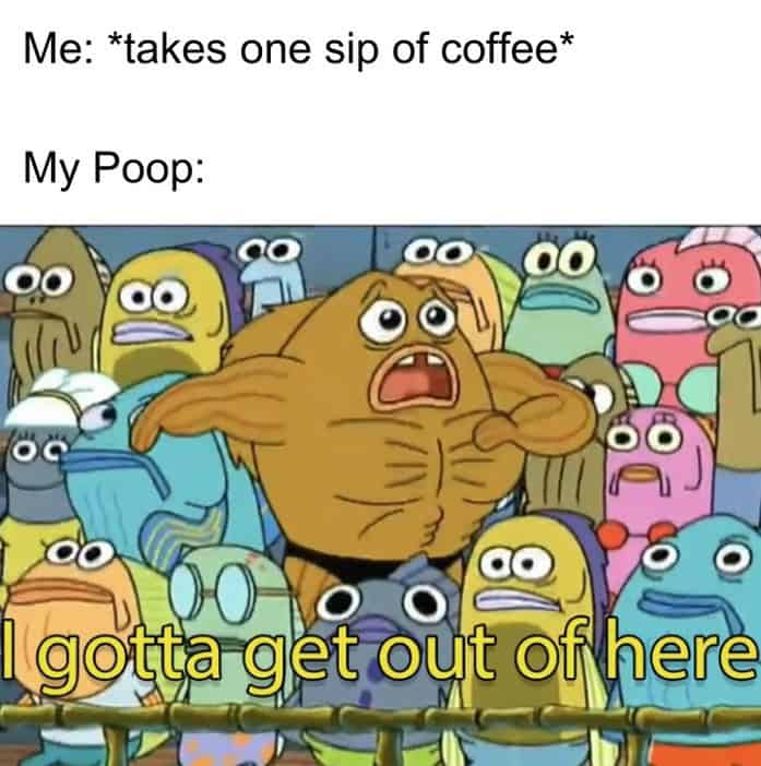 Spongebob Squarepants crowd scene with a muscular fish yelling about needing to leave after one sip.