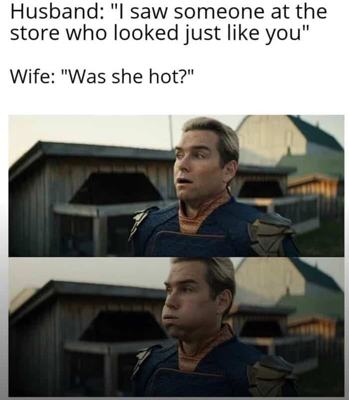 Comic panel of Homelander looking stressed while a wife asks if a lookalike was hot.