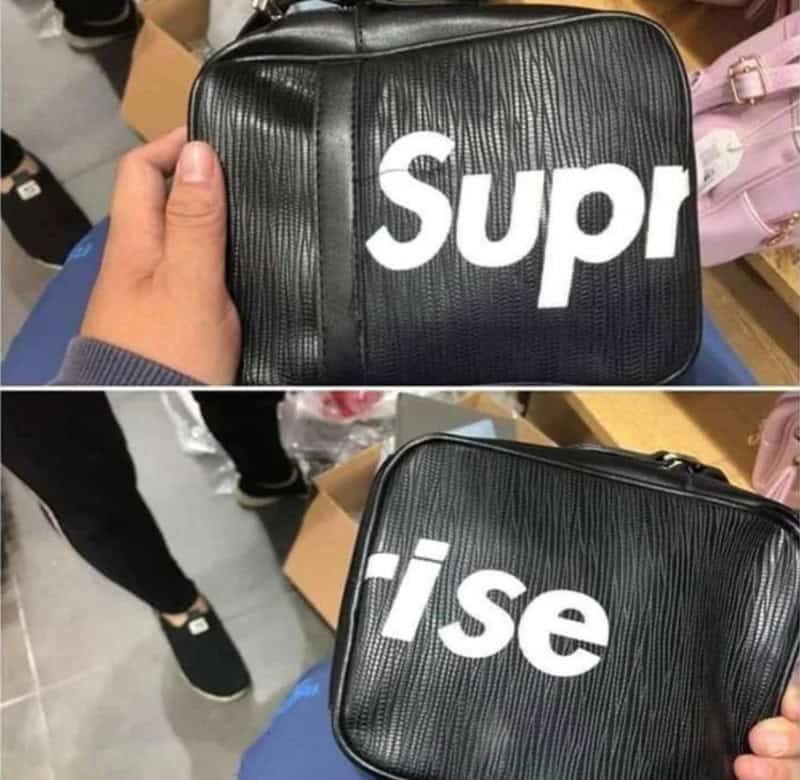 Two black handbags that when placed together spell out Surprise in a Supreme brand style.