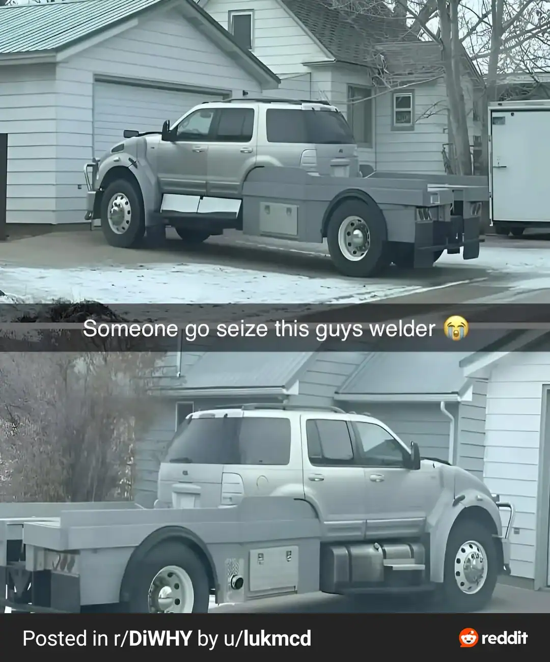 Silver SUV body merged onto a large flatbed truck chassis with heavy-duty commercial wheels and tires.