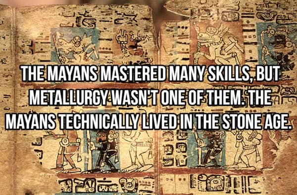 Ancient Mayan codex manuscript illustrating the civilization's stone age tools and lack of advanced metallurgy.