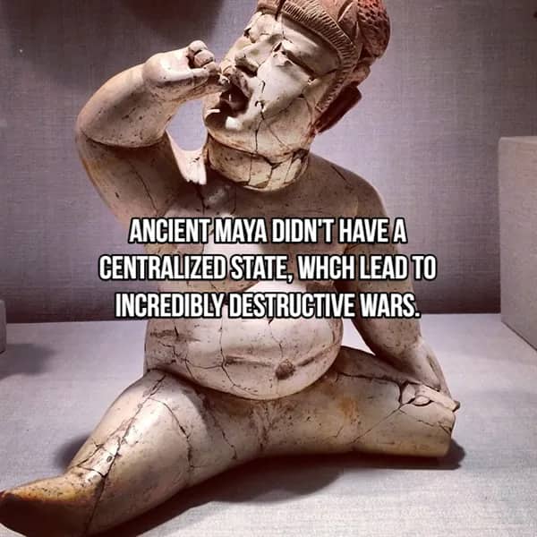 Ceramic figurine of a seated noble highlighting the decentralized state and destructive wars of ancient Maya.