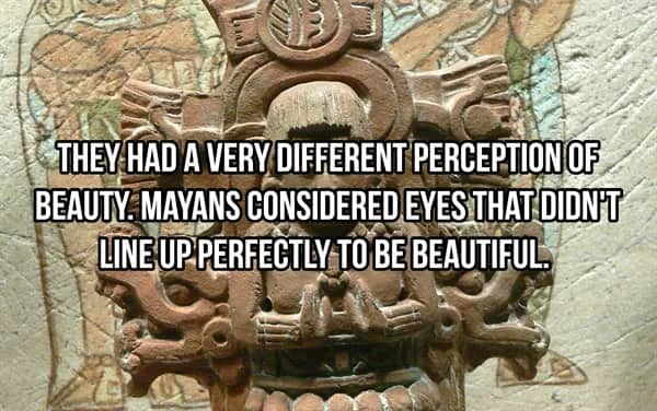 Mayan sculpture showing a figure with crossed eyes which was considered a sign of extreme beauty.