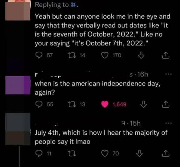 Twitter thread debating date formats and the common American usage of July 4th versus 4th of July.