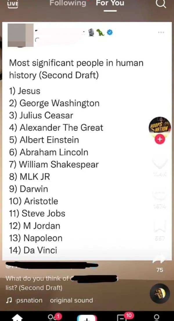 TikTok list of most significant people in history featuring George Washington and Michael Jordan over Napoleon.