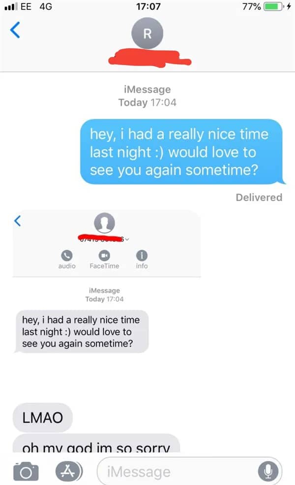 Cringey text exchange where a person accidentally replies to their own outgoing date request.