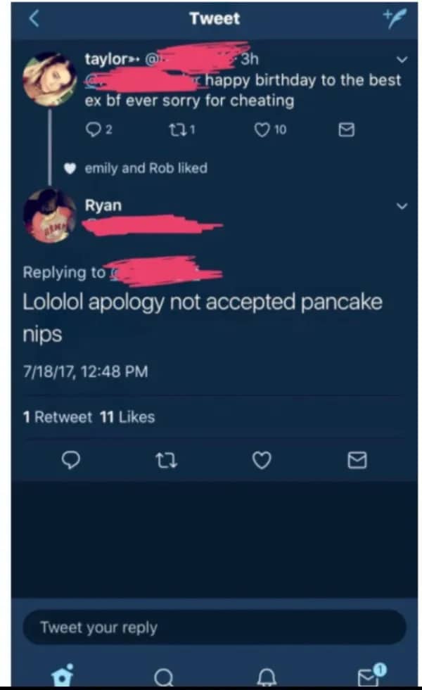 Twitter exchange featuring a birthday wish for an ex that ends in an insult.