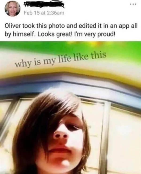 Proud mother sharing her son's emo photo edit questioning why his life is like this.