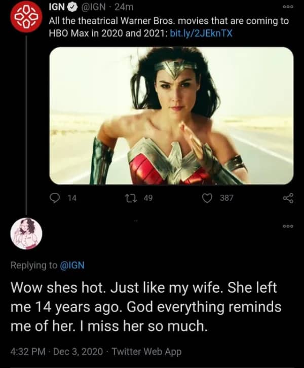 Sad tweet from a man comparing Gal Gadot's Wonder Woman to his ex-wife.