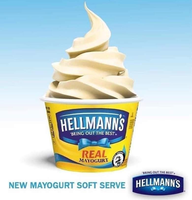 Hellmann’s enters the dessert market in this cursed food image, advertising a "Mayogurt Soft Serve" that looks like vanilla ice cream but promises the flavor of real mayonnaise.