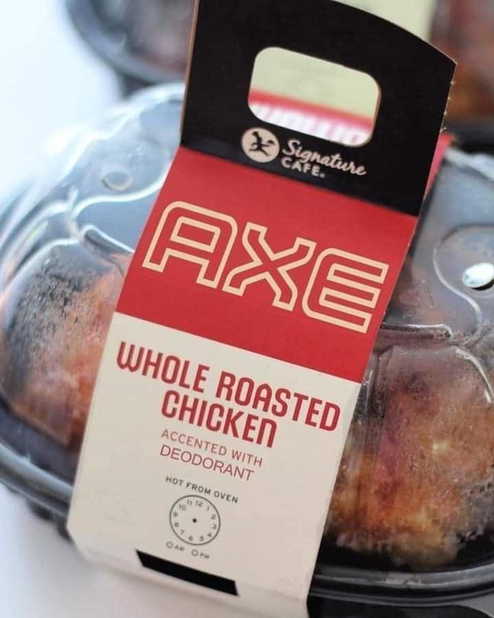 A disturbing grocery store find, this cursed food product features a whole roasted rotisserie chicken that is allegedly "accented with deodorant" by the brand Axe.