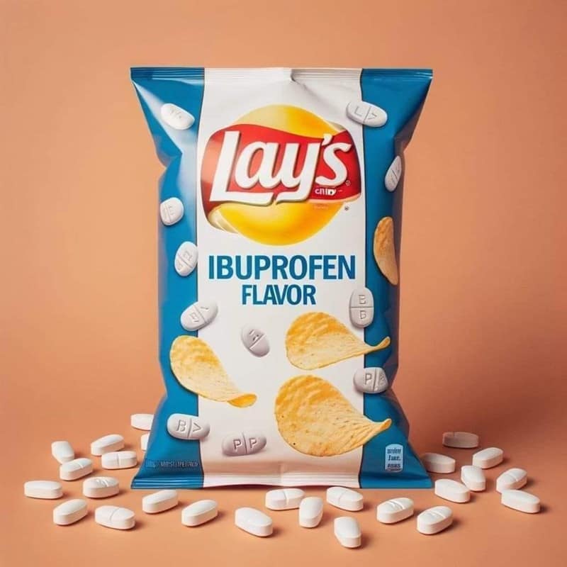 This cursed food mock-up offers a clinical take on snack culture, presenting a bag of Lay's potato chips in a medicinal "Ibuprofen Flavor" surrounded by scattered pills.