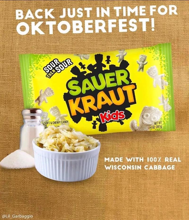 A holiday treat no one asked for, this cursed food product reimagines Sour Patch Kids as "Sauer Kraut Kids," featuring soft and chewy candy made from real Wisconsin cabbage.