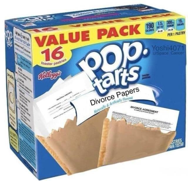 In a darkly comedic turn for cursed food products, this Pop-Tarts value pack box advertises a "Divorce Papers" flavor, showing actual legal documents tucked inside the pastry crust