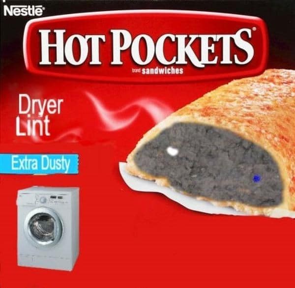 The ultimate unappetizing snack choice is captured in this cursed food box for Hot Pockets, which features a "Dryer Lint" flavor described as being "extra dusty."