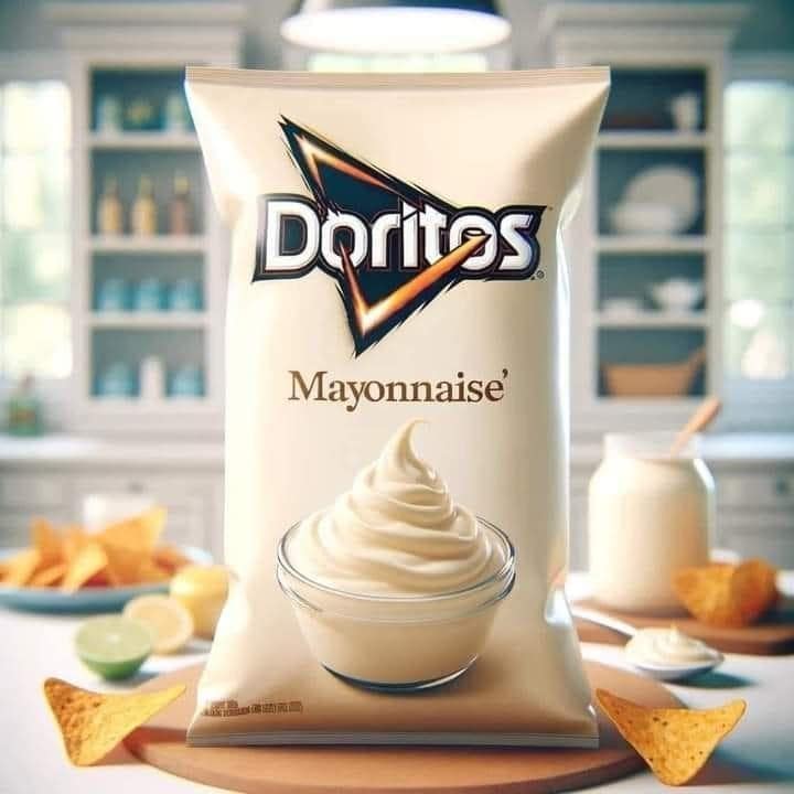 In this cursed food visual, a large bag of Doritos is reimagined with a "Mayonnaise" flavor, complete with a realistic swirl of thick white condiment on the packaging