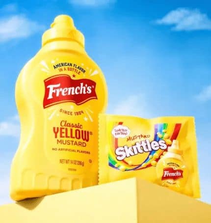 A disturbing brand collaboration shows a bottle of French’s Classic Yellow Mustard next to a limited-edition bag of Mustard-flavored Skittles.