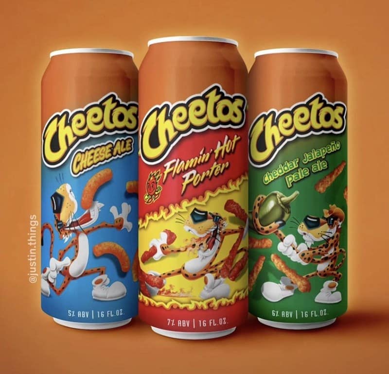 Expanding the snack brand into the brewery, these cursed food products include 16oz beer cans labeled as Cheetos Cheese Ale, Flamin' Hot Porter, and Cheddar Jalapeño Pale Ale.