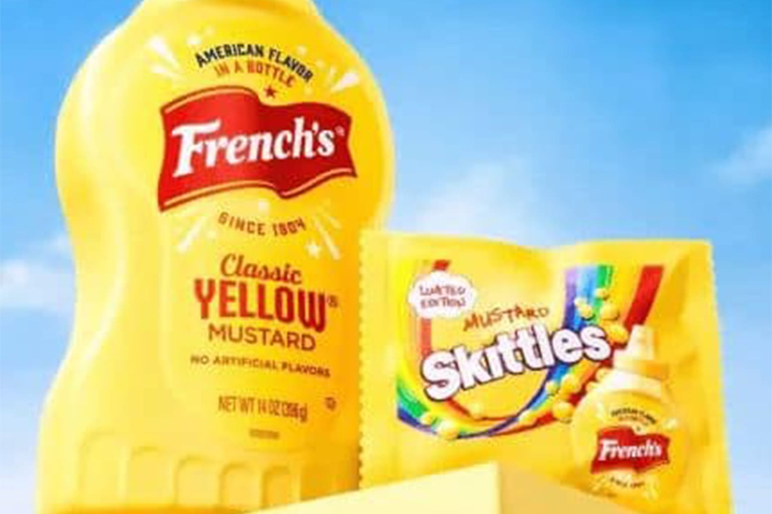 Cursed food compilation: A collage featuring a bottle of KFC-flavored Listerine mouthwash, a carton of bright green "Broccolate" milk, and a S'mores Pop-Tart topped with chunky sweet relish.