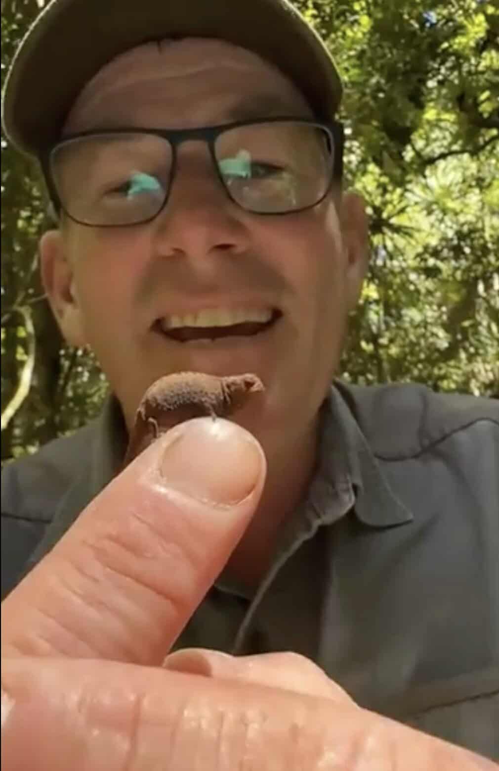 A man smiles as he presents a truly minuscule cute tiny animal to the camera, a baby mammal so small it barely covers the surface area of his fingernail.