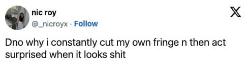 Social media post by nic roy about the cycle of cutting bangs and disappointment.