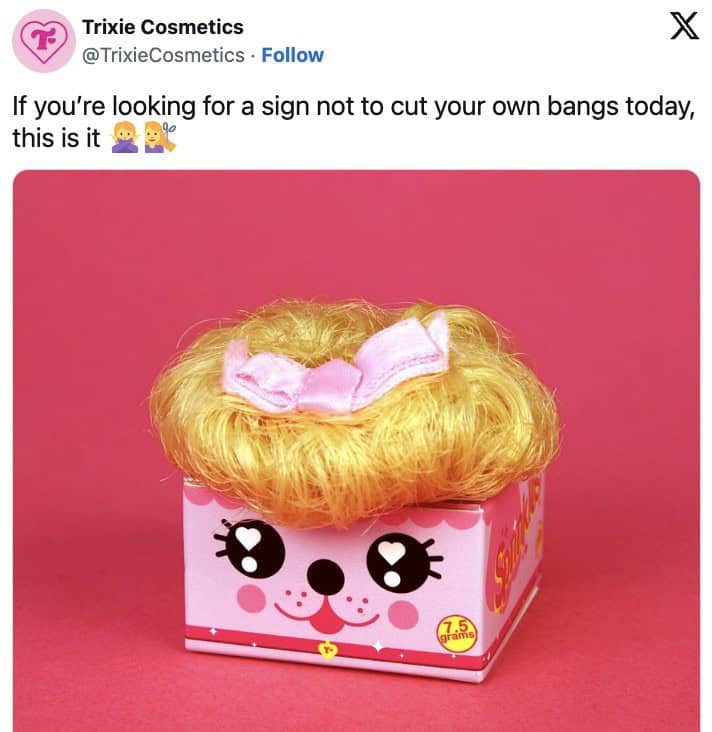 Trixie Cosmetics post showing a blonde hair piece on a pink box as a warning.