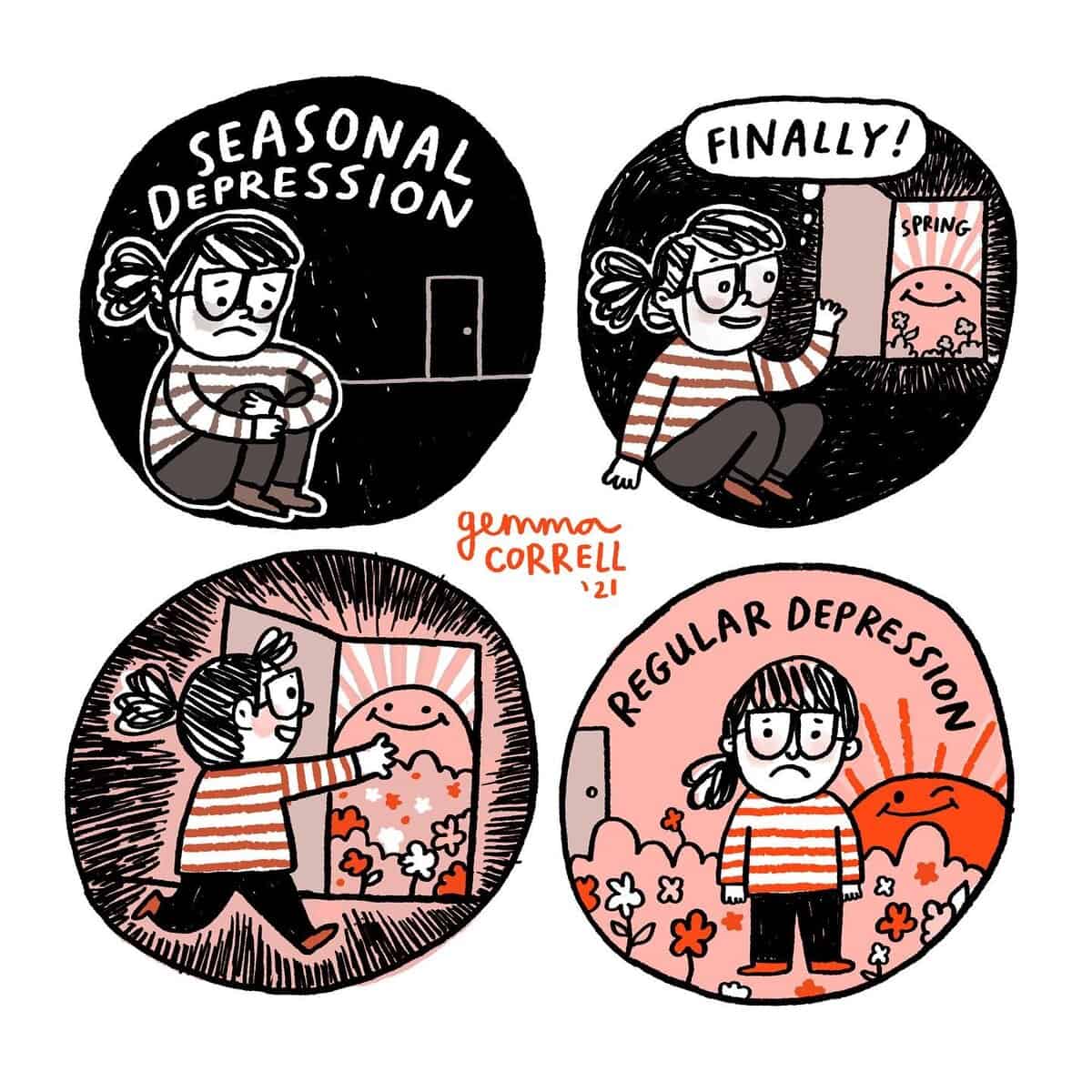 Exploring the persistent cycle of mental health, this Gemma Correll comic depicts a character joyfully greeting the arrival of spring, only to find that their "Seasonal Depression" has simply reverted to "Regular Depression."