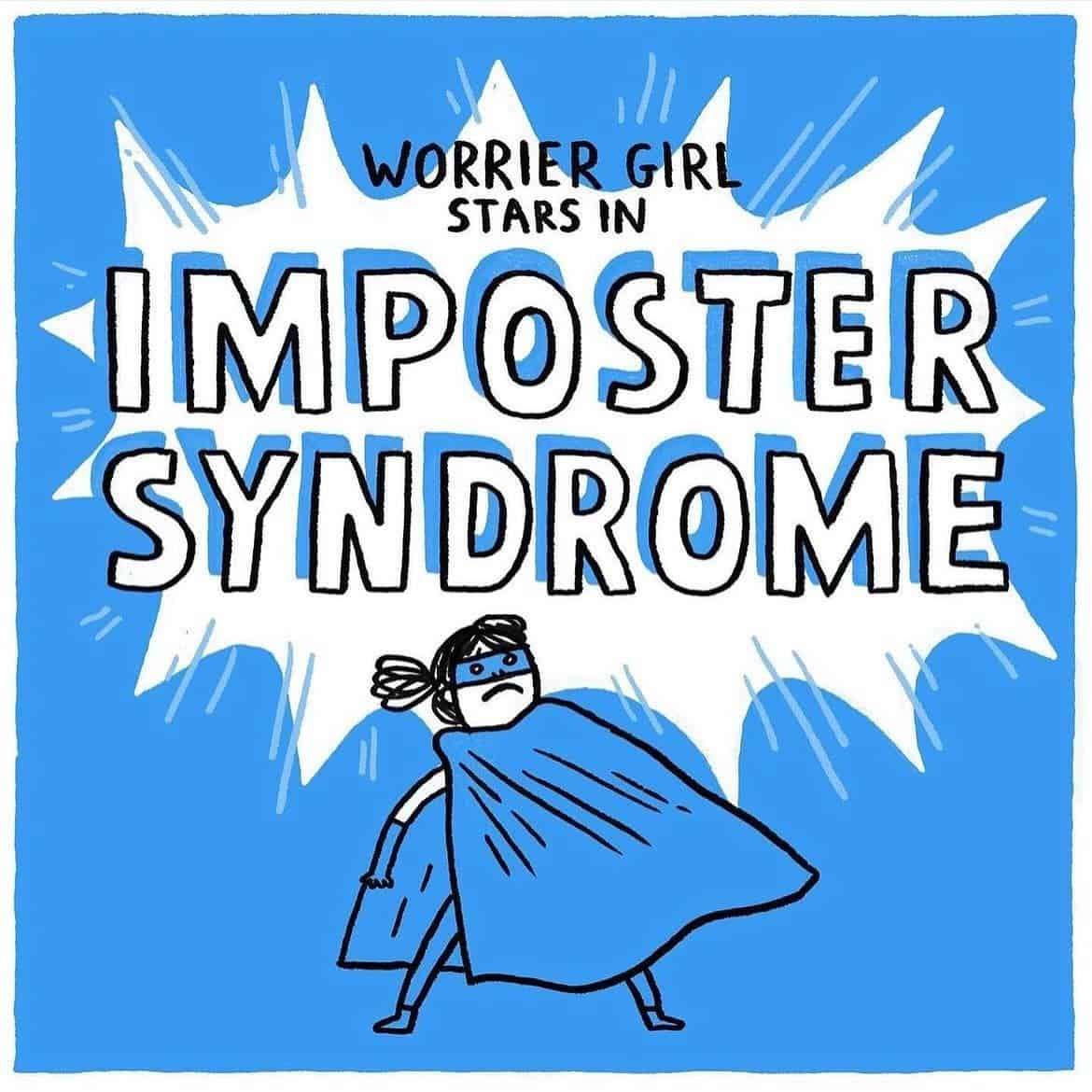 "Worrier Girl" takes center stage in this dark humor comic parody of a classic superhero splash page, illustrating the internal battle with imposter syndrome through a cape-wearing character riddled with self-doubt.