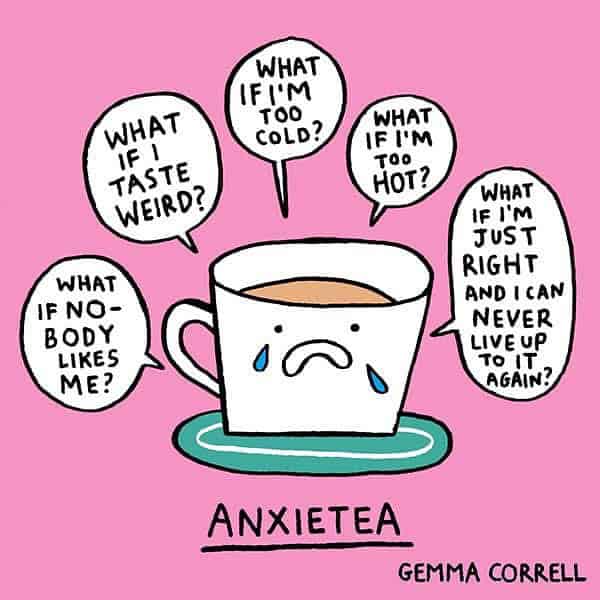 A personified, tearful teacup labeled "ANXIETEA" spirals into a series of thought bubbles worrying about its temperature, taste, and social standing in this pun-heavy dark humor comic.