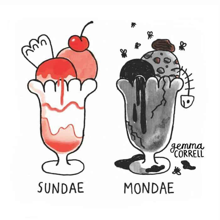 visual metaphor for the weekly mood shift defines this dark humor comic, contrasting a vibrant "Sundae" with a rotting, fly-infested "Mondae" ice cream treat.