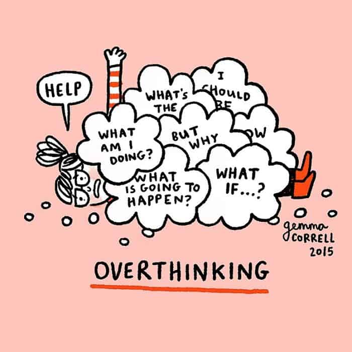 Paralyzed by a mountain of "what ifs," a character lies buried under a pile of spiraling thought bubbles in this sharp dark humor comic about the crushing weight of overthinking