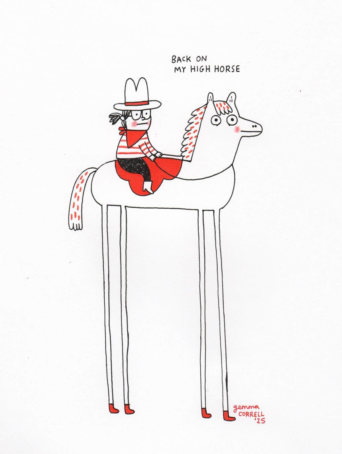 An absurdly tall horse with spindly legs carries a determined rider in this dark humor comic about the literal heights of moral superiority, titled "Back on my high horse."